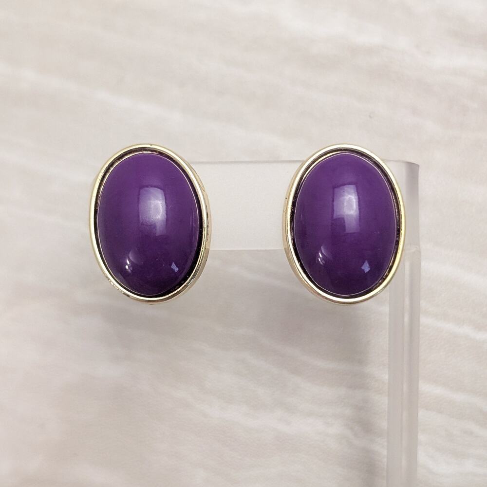 Vintage Stud Earrings Large Oval Purple & Gold Tone Chunky Retro Statement